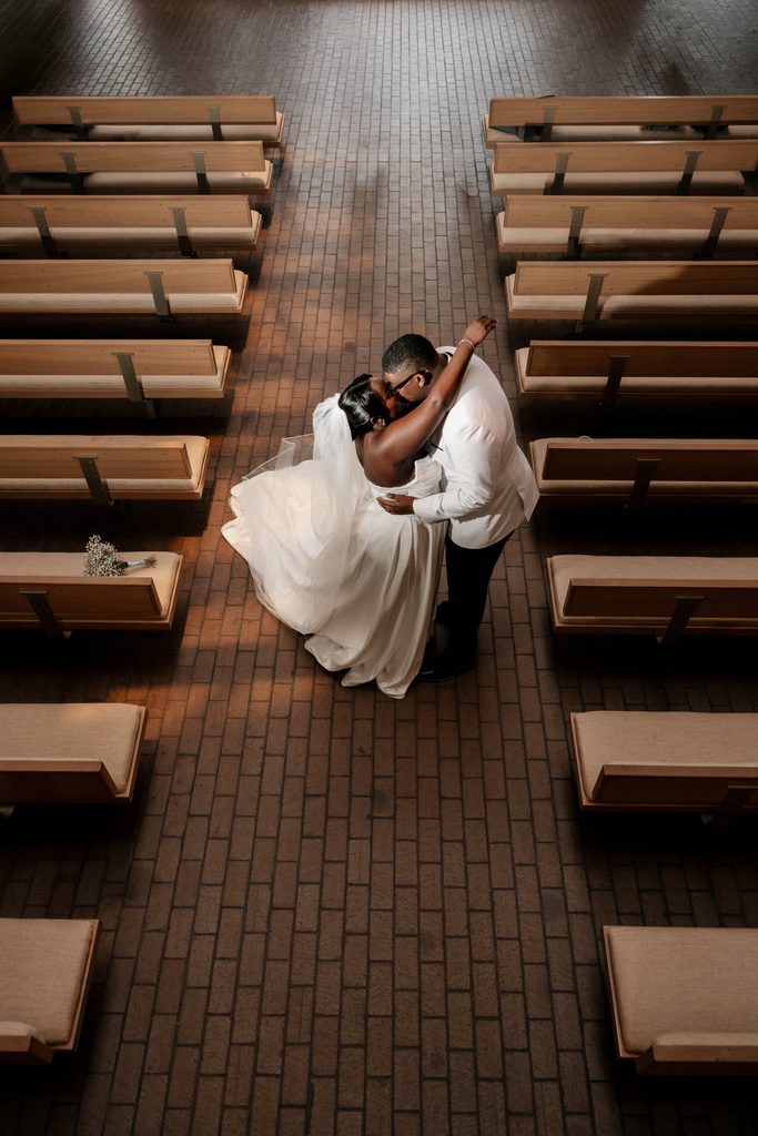 Bride and groom at Marty Leonard Chapel in Fort Worth, TX, one of the best wedding venues in Dallas Fort Worth