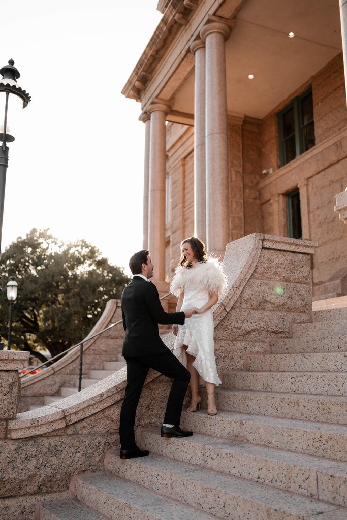 Bride and groom at the Tarrant County Courthouse, one of the best wedding venues in Dallas Fort Worth
