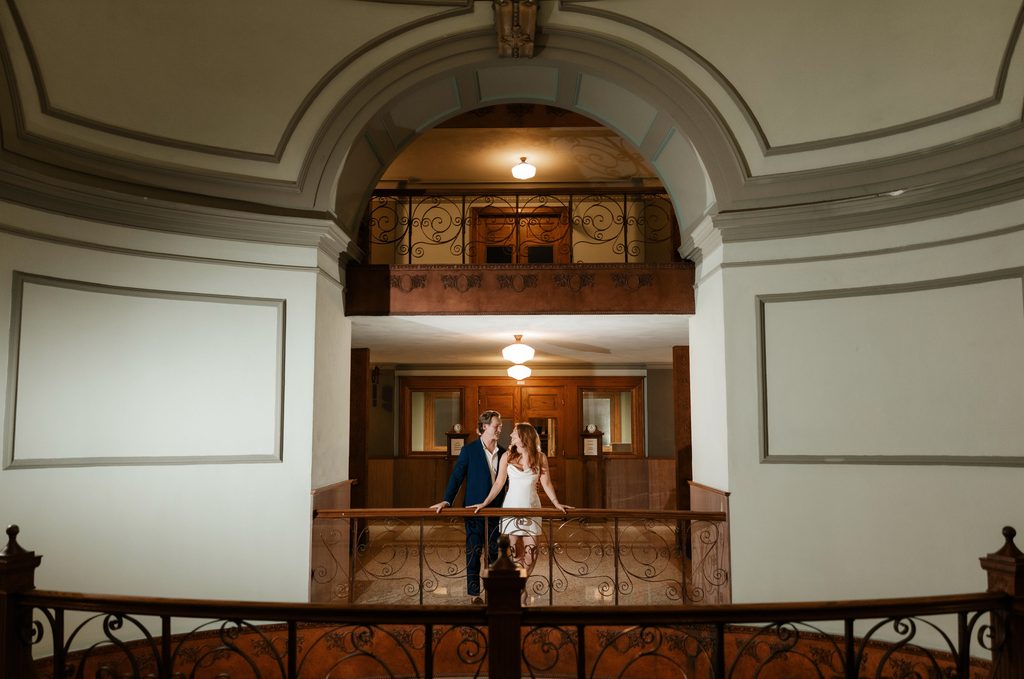 Bride and groom at the Tarrant County Courthouse, one of the best wedding venues in Dallas Fort Worth