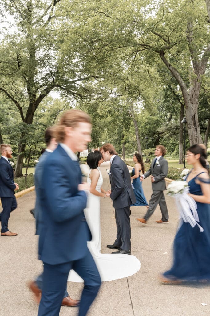 Creative wedding portrait of couple at Little Chapel in the Woods
