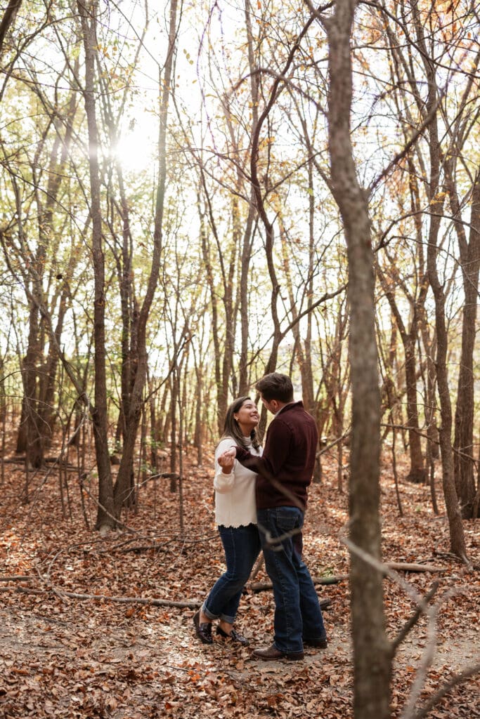 Wooded areas with soft light for Adriatica Village engagement photos