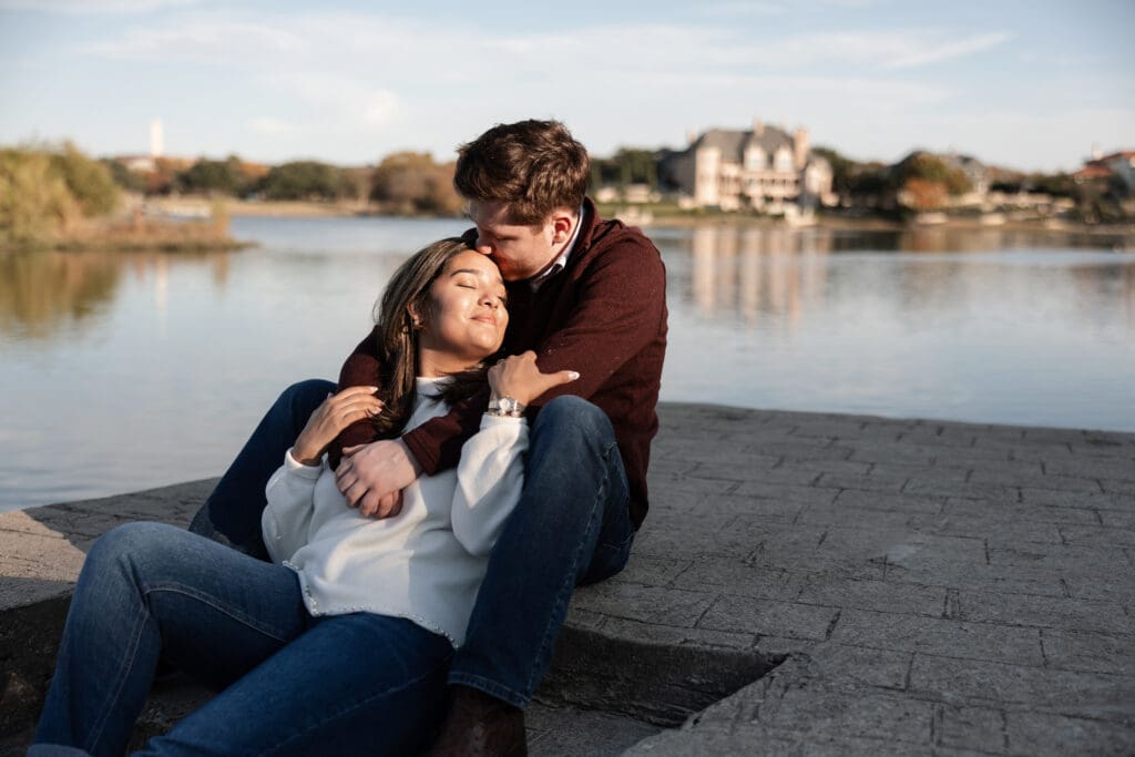Romantic lakeside moments captured in Adriatica Village engagement photos