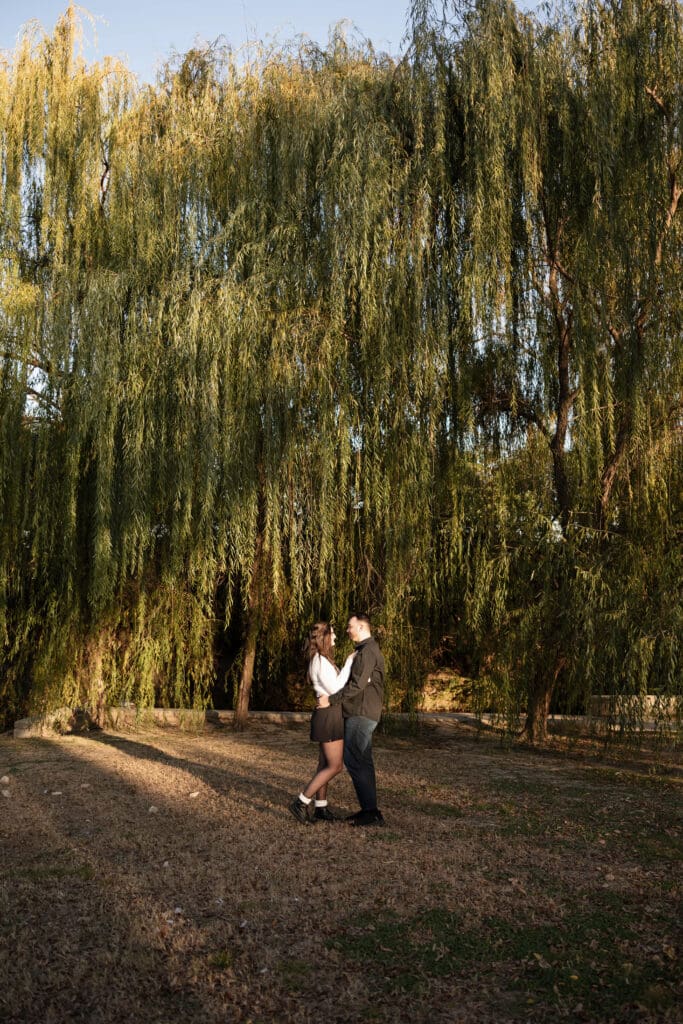 Engaged couple at Airfield Falls Park, Fort Worth, enjoying golden-hour engagement photos