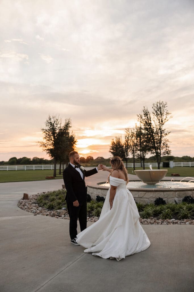 Bride and groom portraits at sunset at The Gardenia Venue in Valley View, TX