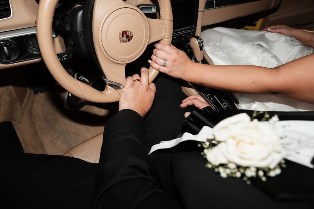 Bride and groom's grand exit with sparklers at The Gardenia Venue in Valley View, TX