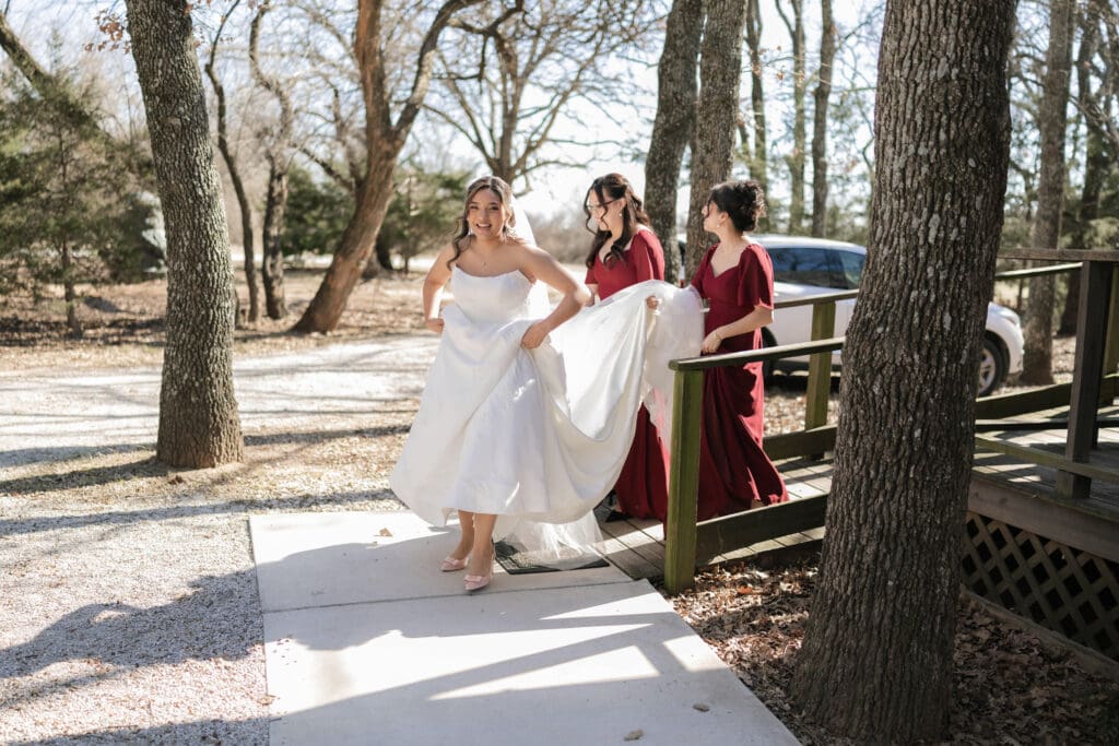 Wedding dress hanging from window