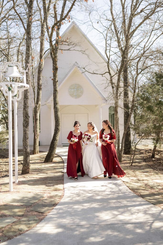Bridal party outside the chapel