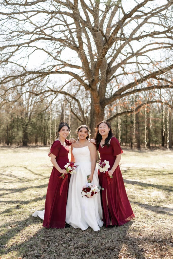 Bridal party in front of tree on the lawn