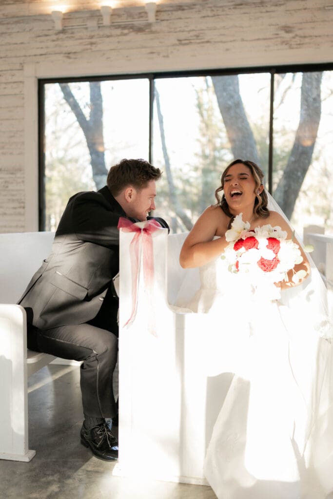 Portraits of bride and groom in the chapel at Soli Deo Gloria weddings and events venue in Decatur