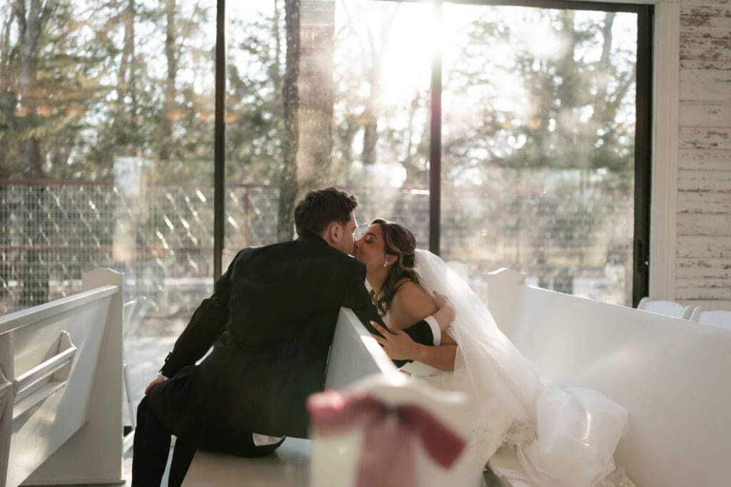 Portraits of bride and groom in the chapel at Soli Deo Gloria weddings and events venue in Decatur