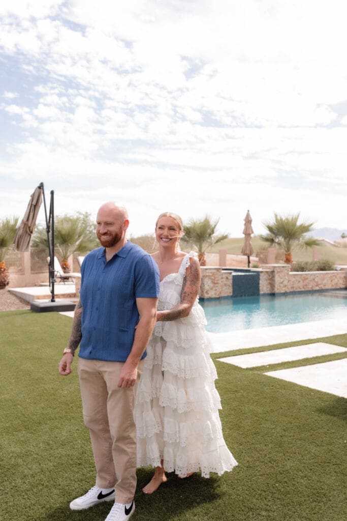 Bride's first look with her groom before their wedding at Lost Dutchman State Park in Arizona
