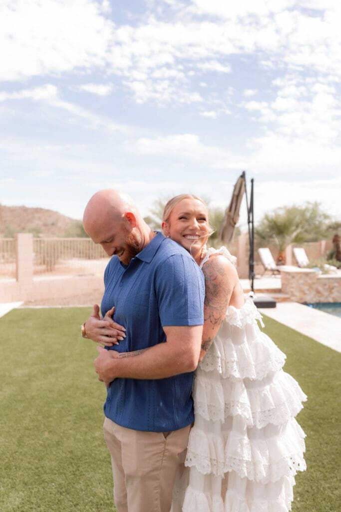 Bride's first look with her groom before their wedding at Lost Dutchman State Park in Arizona