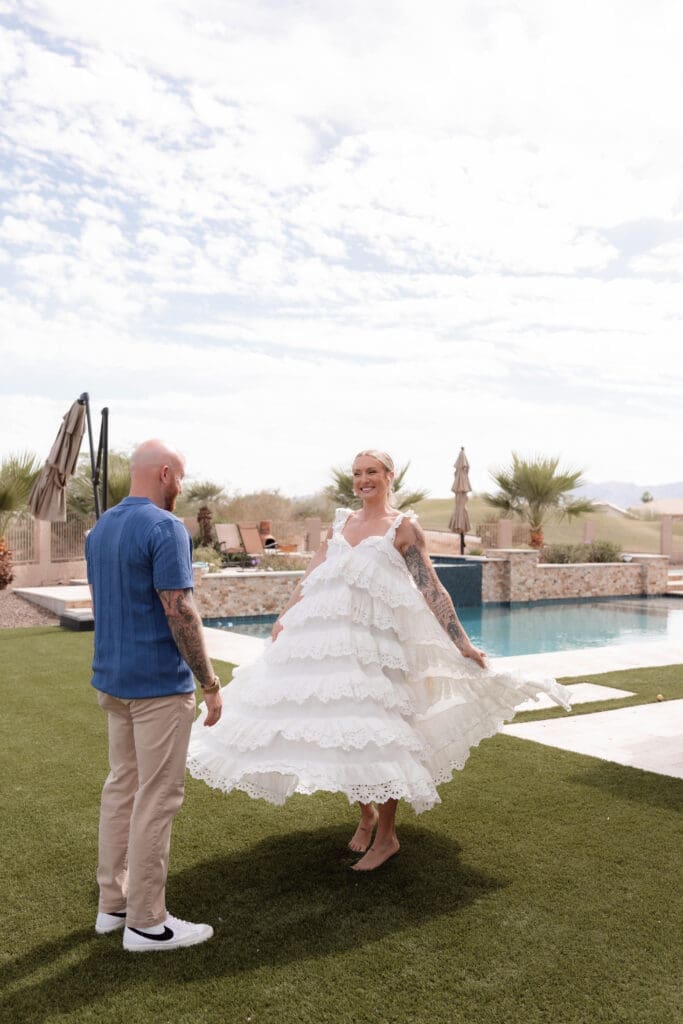 Bride's first look with her groom before their wedding at Lost Dutchman State Park in Arizona