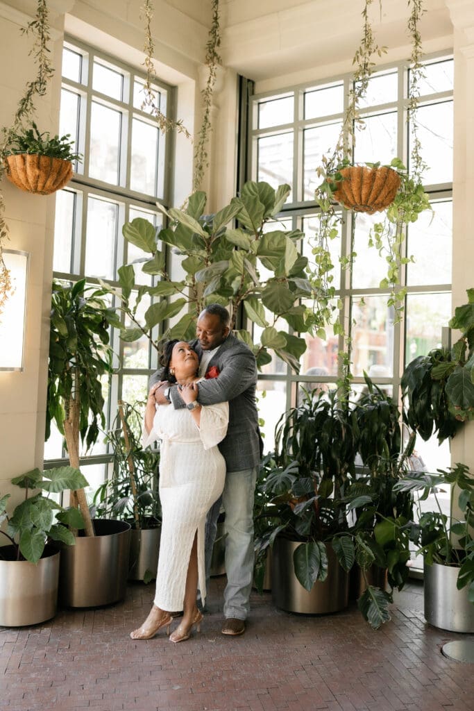 Engagement photos in the pavilion at Sundance Square in Fort Worth, TX