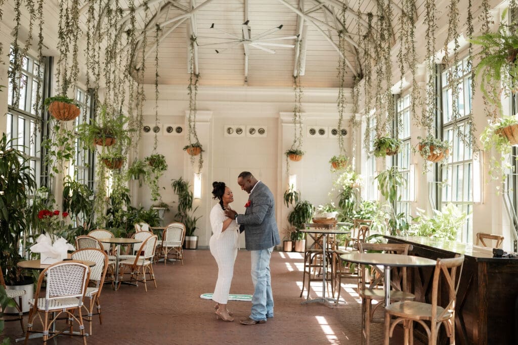 Engagement photos in the pavilion at Sundance Square in Fort Worth, TX