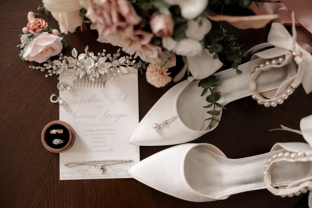 Bridal details during Katrina and Nick's Nouveau Antique Bar wedding in Houston, TX