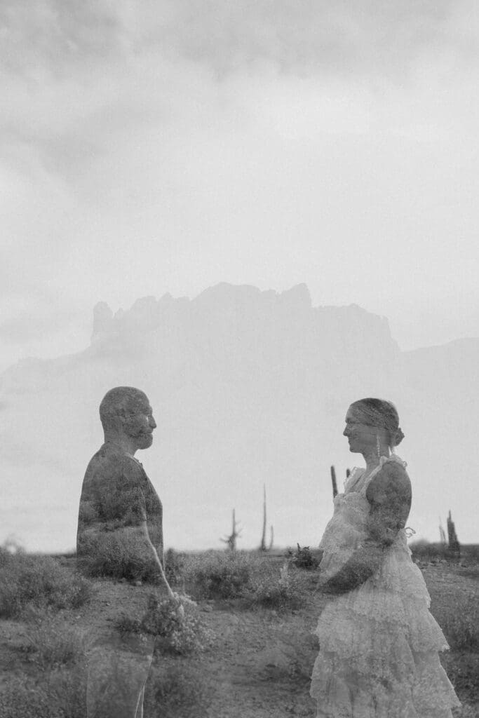 Double exposure Portrait of bride and groom amongst the desert landscape during their Arizona destination wedding at Lost Dutchman State Park