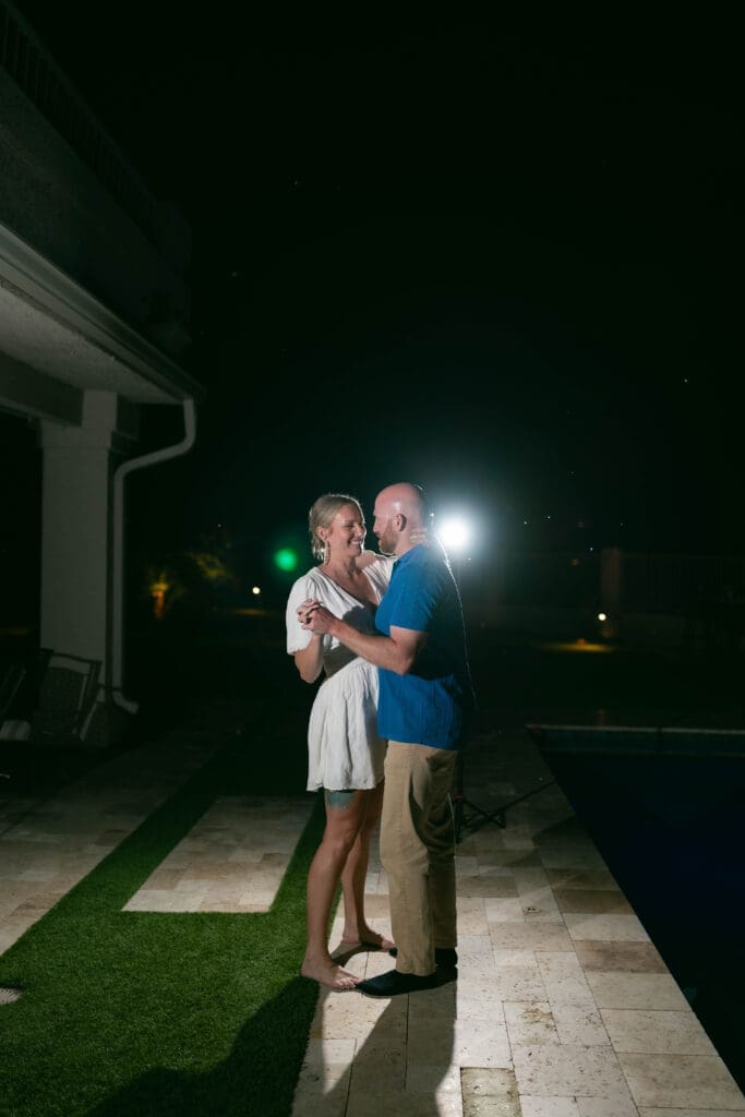Bride and groom's first dance as husband and wife on the back patio of their Airbnb in Phoenix, Arizona