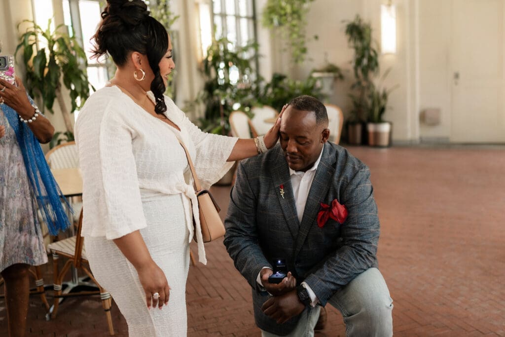 Man proposing at the Sundance Square Pavilion in Fort Worth