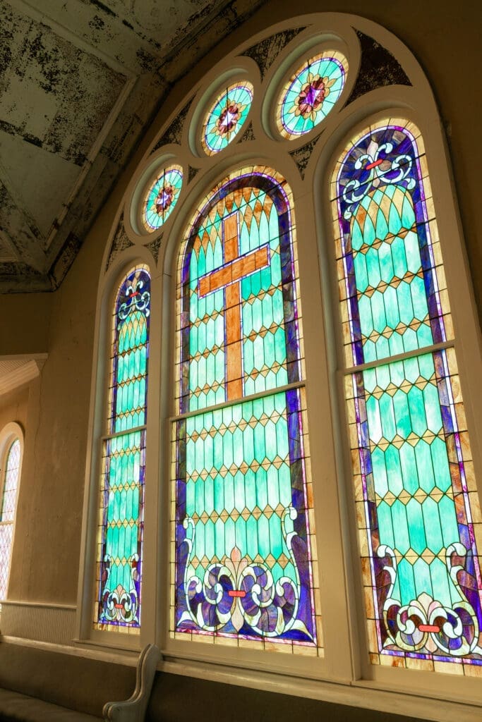 Stained glass window at The 1906 wedding venue in Whitesboro, TX