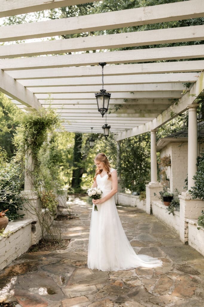 Bride portraits at Chandor Gardens in Weatherford, TX, during her wedding photography session