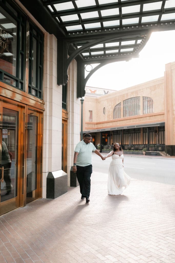 Alexandra and James outside Bass Hall during their Fort Worth engagement session