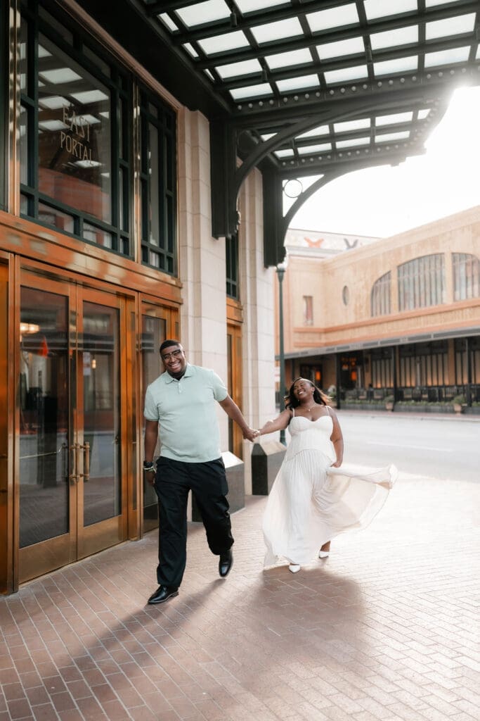 Alexandra and James outside Bass Hall during their Fort Worth engagement session
