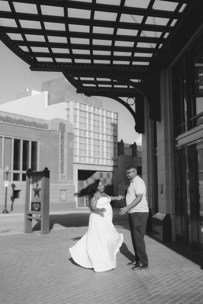 Alexandra and James outside Bass Hall during their Fort Worth engagement session