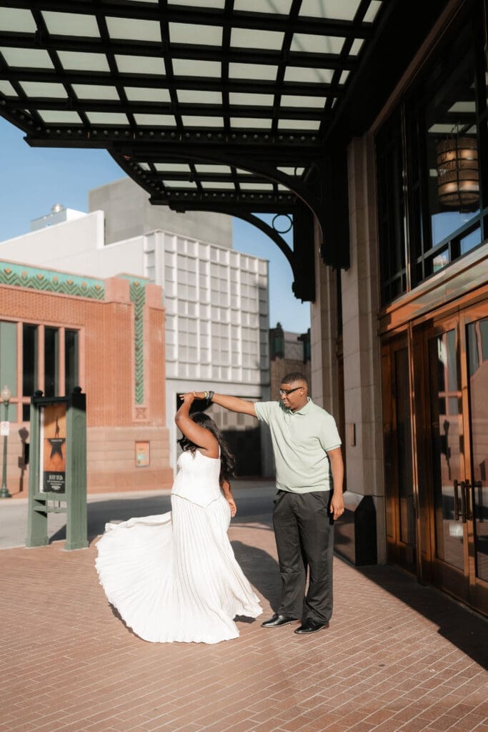 Alexandra and James outside Bass Hall during their Fort Worth engagement session