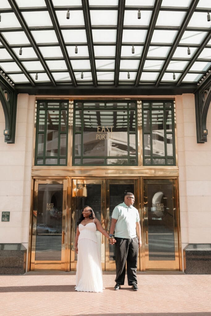 Alexandra and James outside Bass Hall during their Fort Worth engagement session