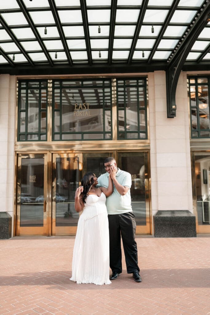 Alexandra and James outside Bass Hall during their Fort Worth engagement session