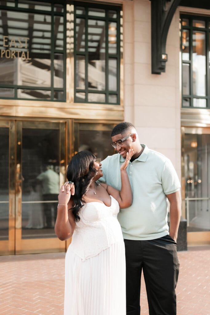 Alexandra and James outside Bass Hall during their Fort Worth engagement session