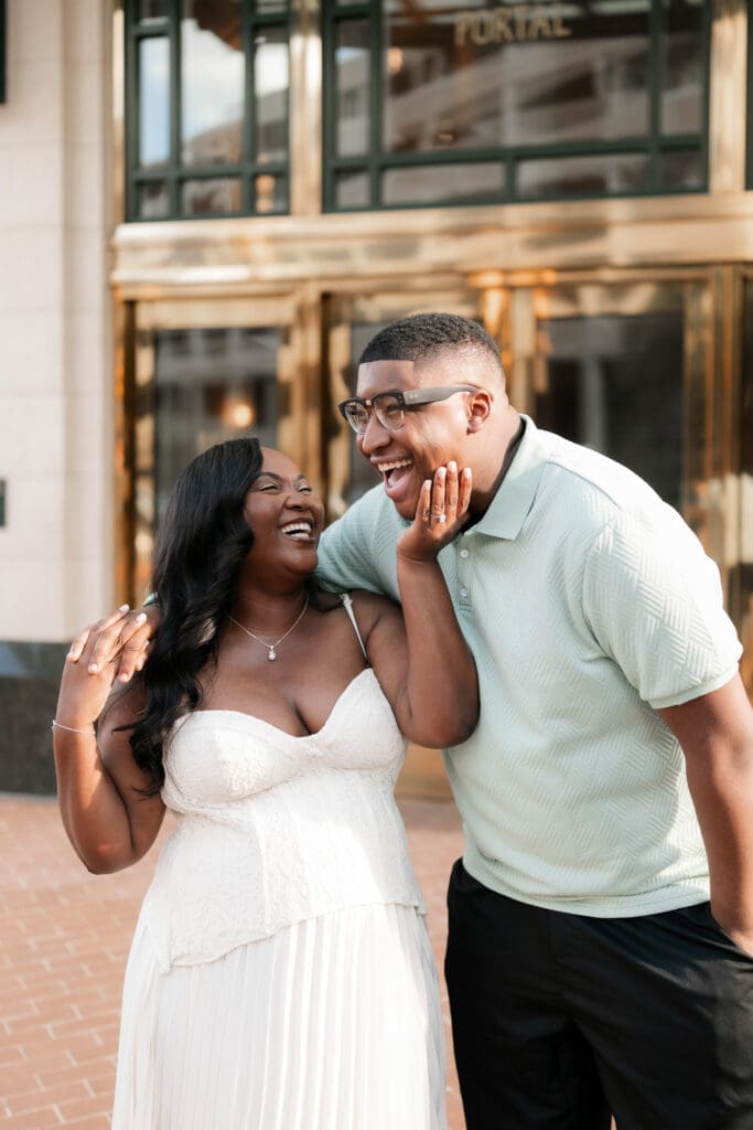 Alexandra and James outside Bass Hall during their Fort Worth engagement session