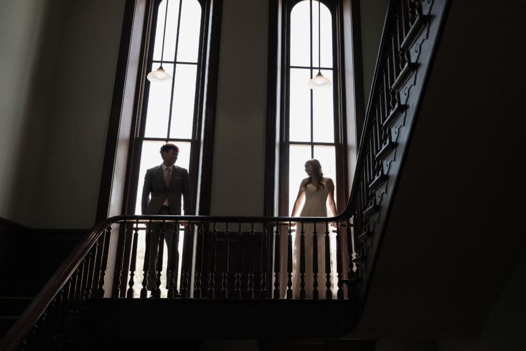 Silhouette shot of Bride and groom at the Weatherford Courthouse during their elopement