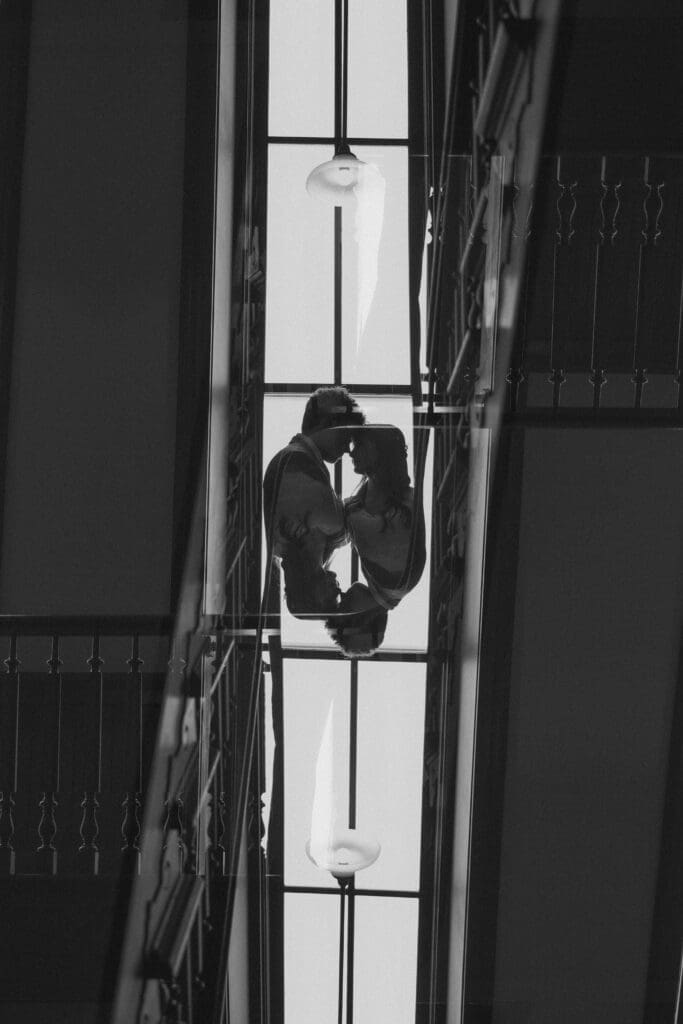 Silhouette shot of Bride and groom at the Weatherford Courthouse during their elopement