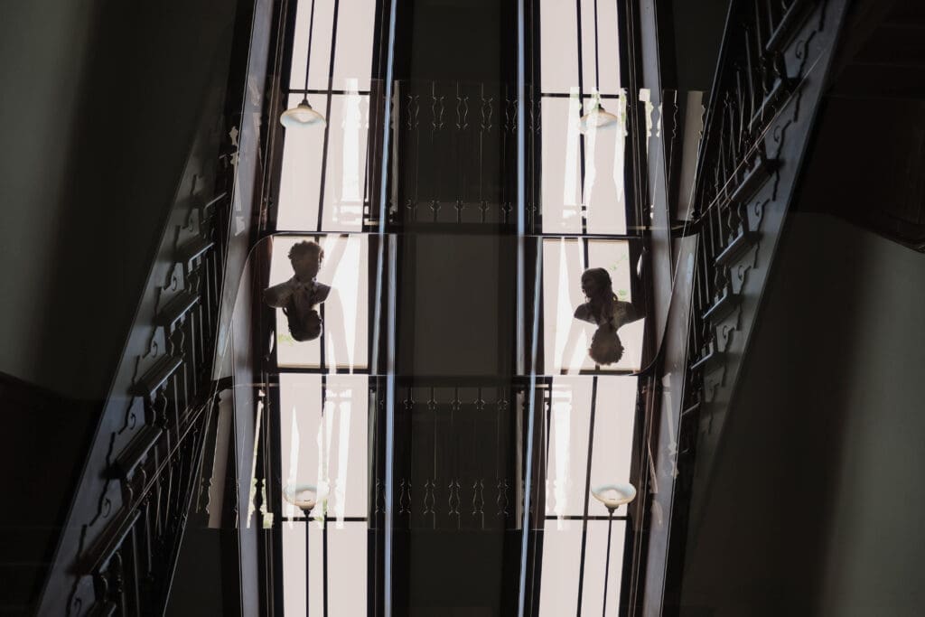 Silhouette shot of Bride and groom at the Weatherford Courthouse during their elopement