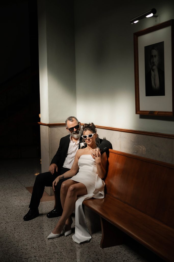 Bride + Groom posing for a moody portrait during their adventure elopement in Fort Worth